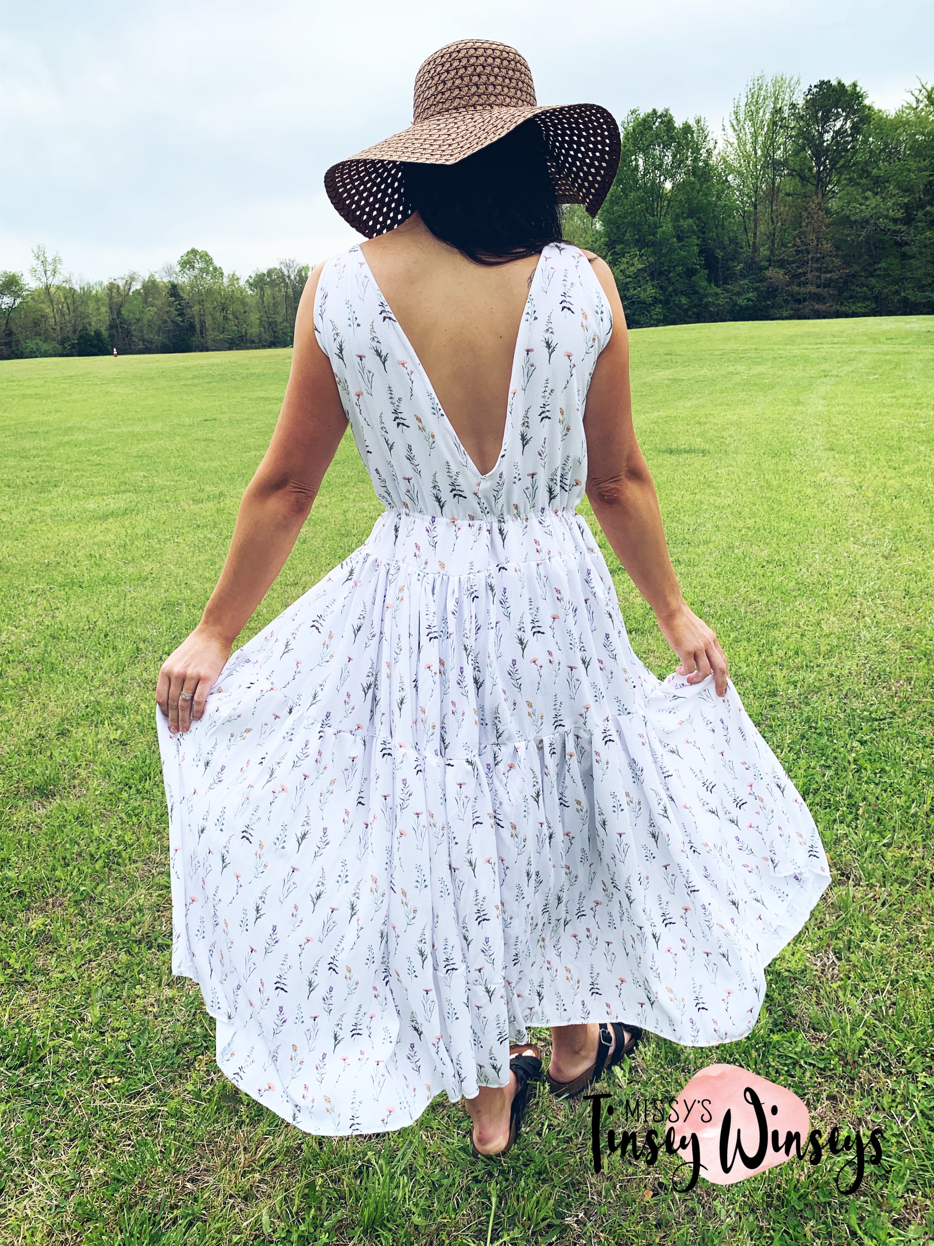 wildflower dress White Girl Long Sleeve blend lining Wildflower Boho Gathered Maxi Dress