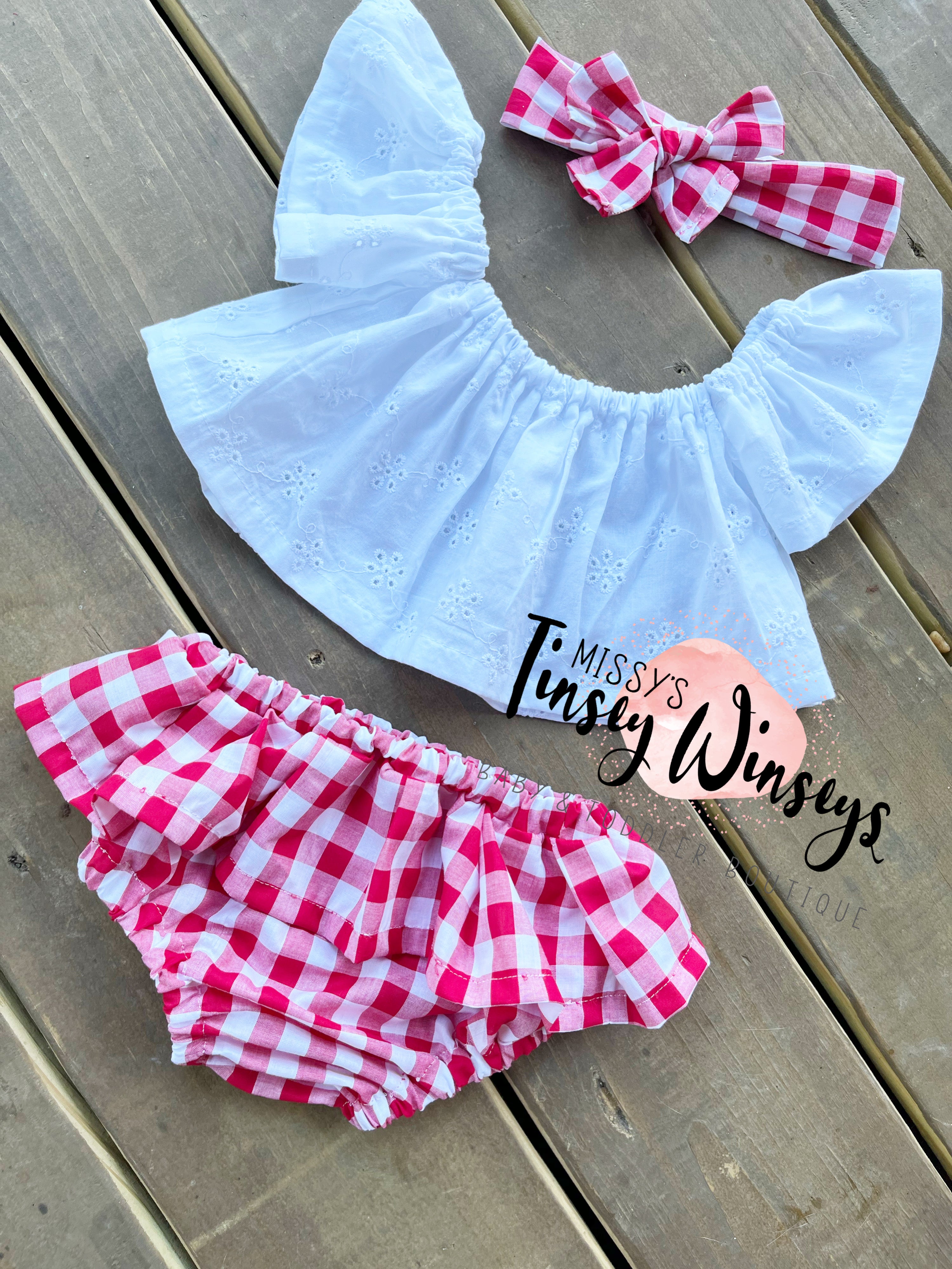 Crop Top with Gingham Skirt Diaper Cover Set