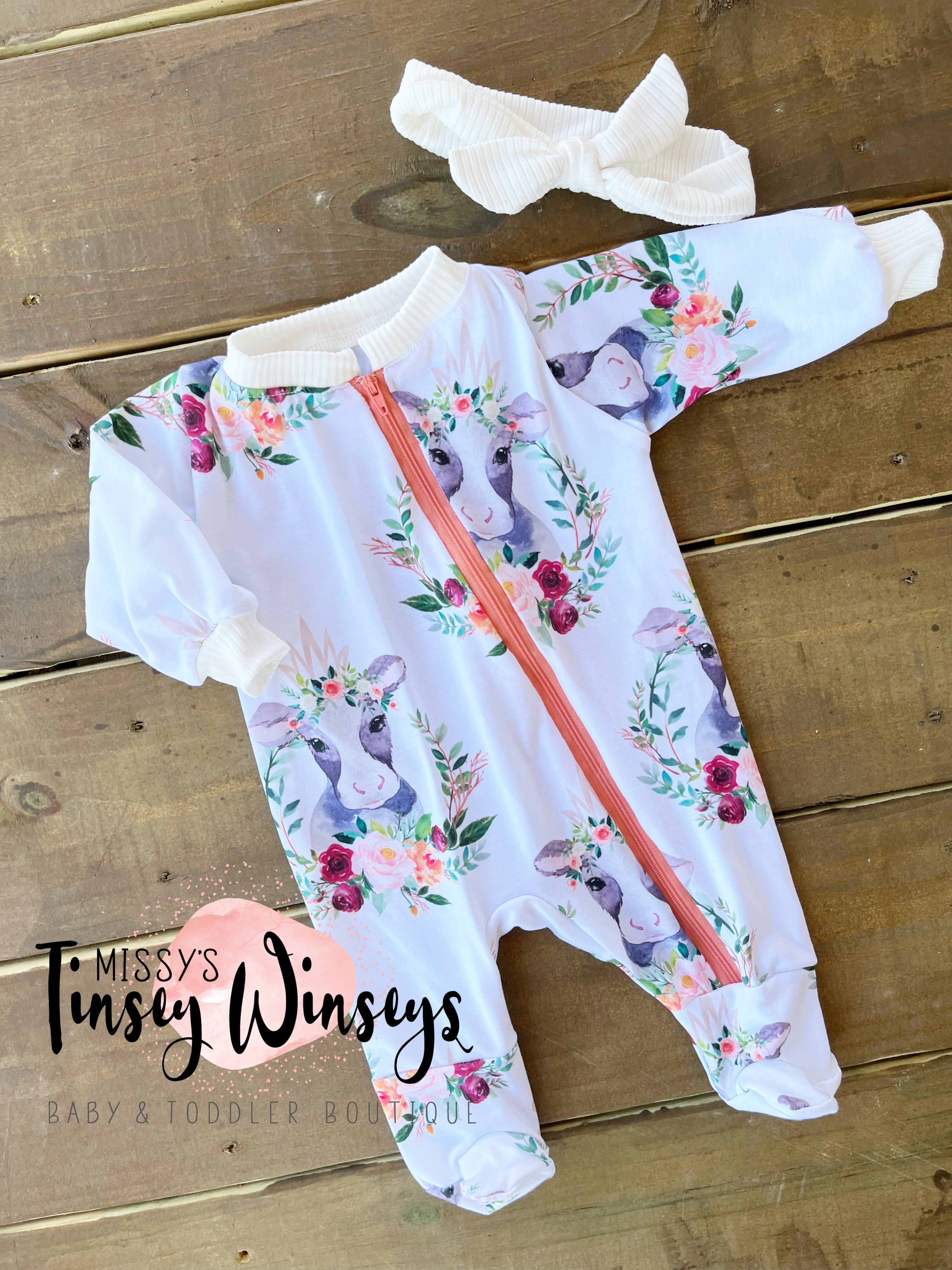 Baby Cow Floral Zip Romper with Headband